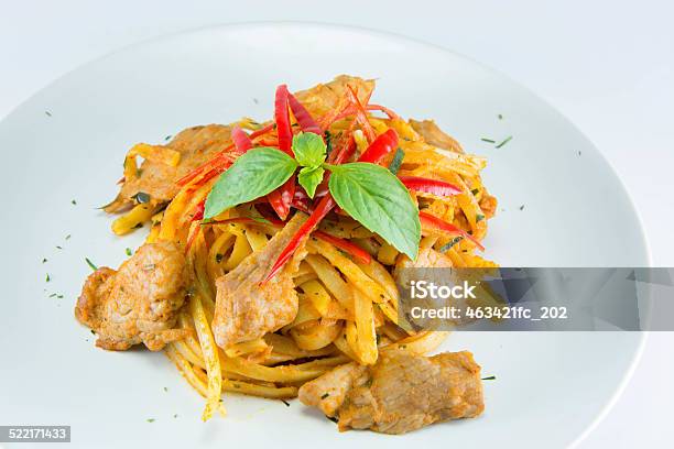 Stir Fried Spaghetti With Panang Paste And Pork Stock Photo - Download Image Now - Basil, Bowl, Cheese