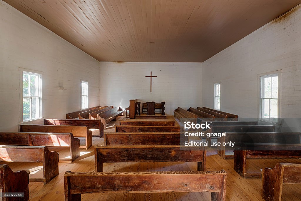 Cades Cove Methodist Church Gatlinburg, Tennessee, USA - October 19, 2014: Interior of an empty Cades Cove Methodist Church in Great Smoky Mountains National Park near Gatlinburg, Tennessee Tennessee Stock Photo