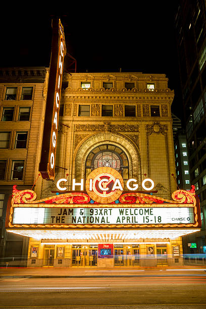 Chicago Theather Chicago, IL, United States - April 17, 2014:  Chicago theatre neon sign on April 17, 2014 in Chicago, IL. It'is a landmark theatre located on North State Street in the Loop area of Chicago. theather stock pictures, royalty-free photos & images