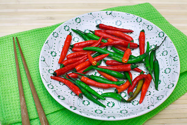 istock Decorative composition with chili pepper on a plate and chopstic. 522186037