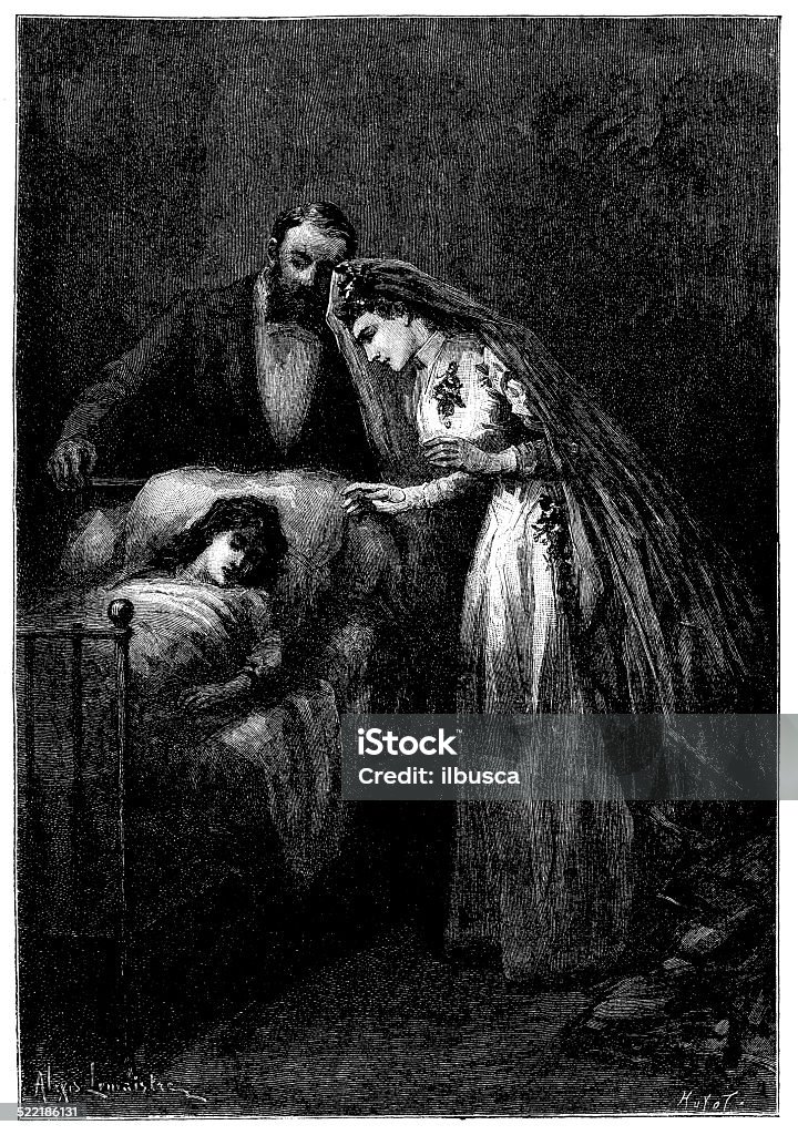 Antique illustration of people in bedroom Engraved Image stock illustration