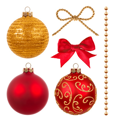 Christmas related objects and ornaments on red background