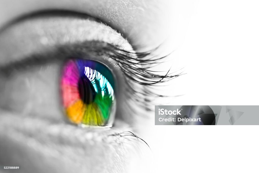 Girl colorful and natural rainbow eye on white background Printing Press Stock Photo