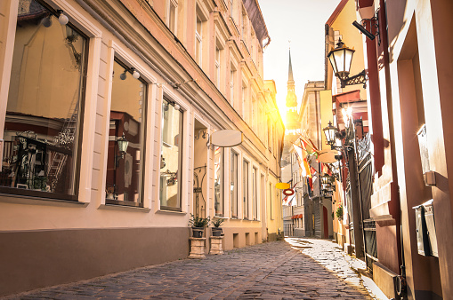 Narrow medieval street in old town Riga - Latvia