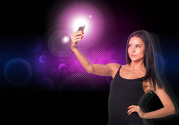 Beautiful dancer makes selfie from your mobile phone. Abstract background