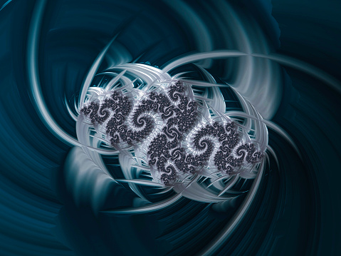Fractal Art, software generated digital image in silvers and white on a blue background.