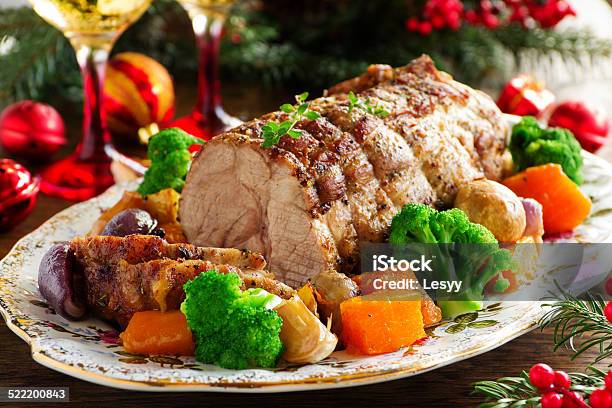 Roast Pork With Vegetables And Spices Stock Photo - Download Image Now - Appetizer, Baked, Brussels Sprout