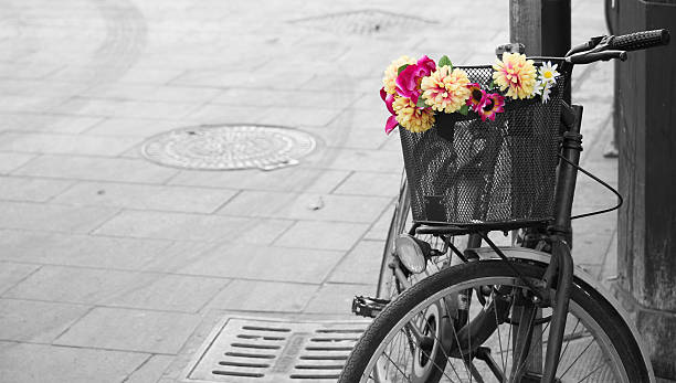 istock selective desaturation of an old bicycle with flowers 522202219