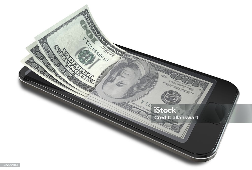 Smartphone Payments With Dollars A concept image of a generic smart phone with digital on screen money changing into real us dollar banknotes signifying cell phone payment systems on an isolated white studio background Banking Stock Photo