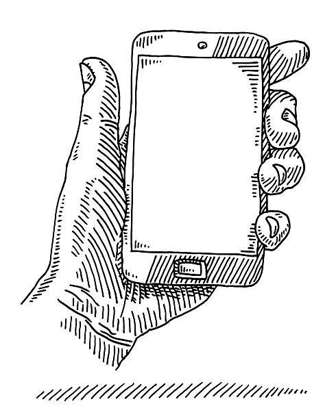 stockillustraties, clipart, cartoons en iconen met hand holding smart phone empty screen drawing - phone hand thumb