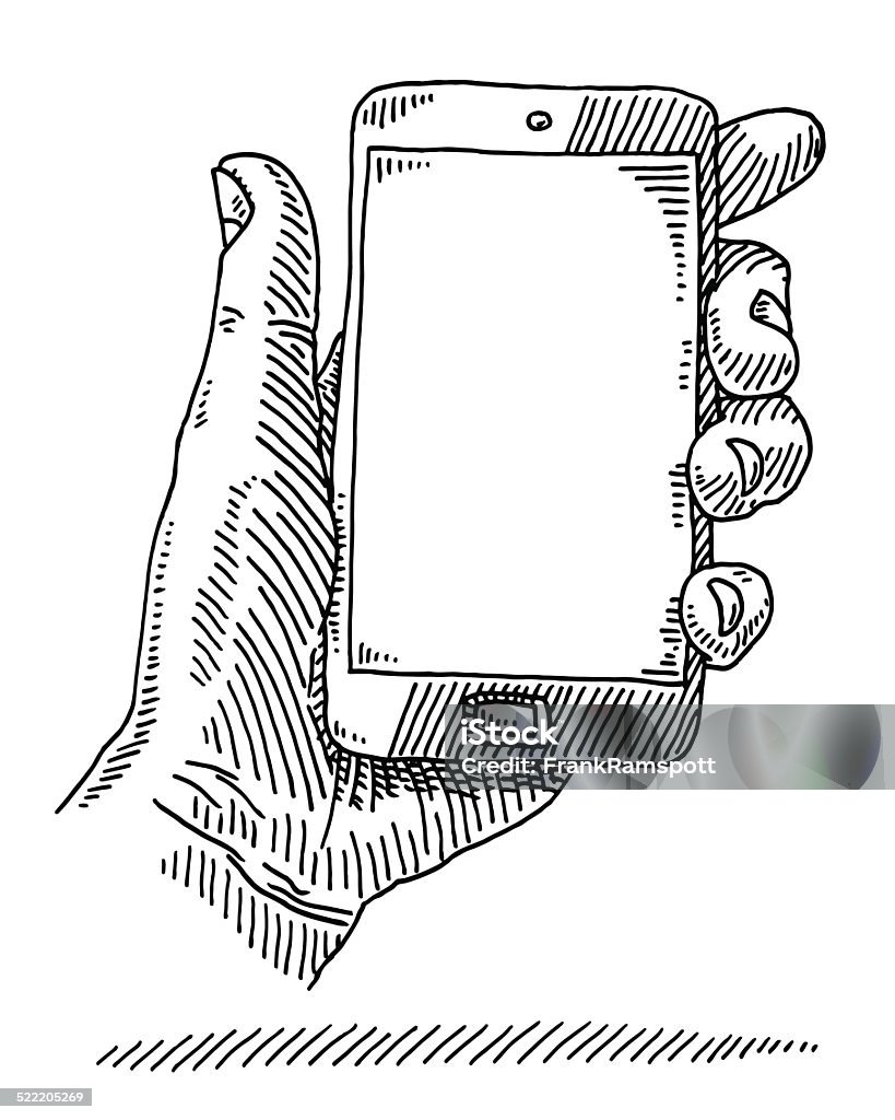 Hand Holding Smart Phone Empty Screen Drawing Hand-drawn vector drawing of a Hand Holding a Smart Phone with an Empty Screen, Copy Space for your message. Black-and-White sketch on a transparent background (.eps-file). Included files are EPS (v10) and Hi-Res JPG. Telephone stock vector