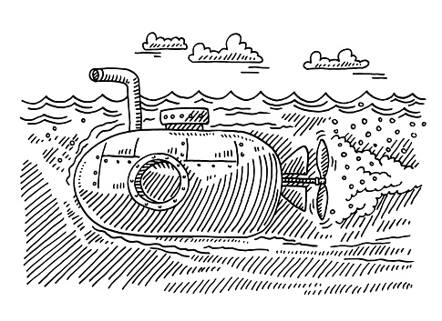 Hand-drawn vector drawing of a Submarine Boat swimming Underwater. Black-and-White sketch on a transparent background (.eps-file). Included files are EPS (v10) and Hi-Res JPG.