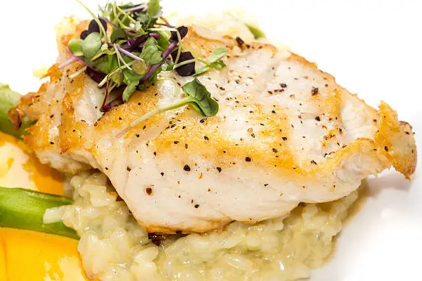 Sautéed Filet of fish with risotto on white