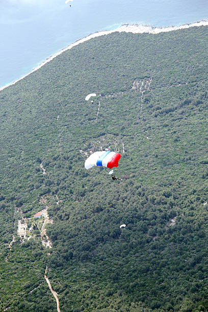 parachutist in aria - skydiving air aerial view vertical foto e immagini stock