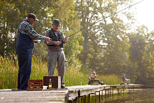 istock Two senior men fishing from dock 522220665
