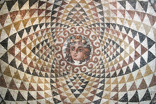 A mosaic figure laid out in the area considered as a courtyard in front of the collapsed section of Terrace Houses of Kuretler Street,. While serving a decorative purpose, the cross-like structure at its center could be seen as a symbolic and minimalist expression of the homeowner or the mosaic craftsman, possibly due to the persecution during the Early Christian Period.