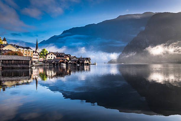 Foggy morning on the harbor in Hallstatt.
