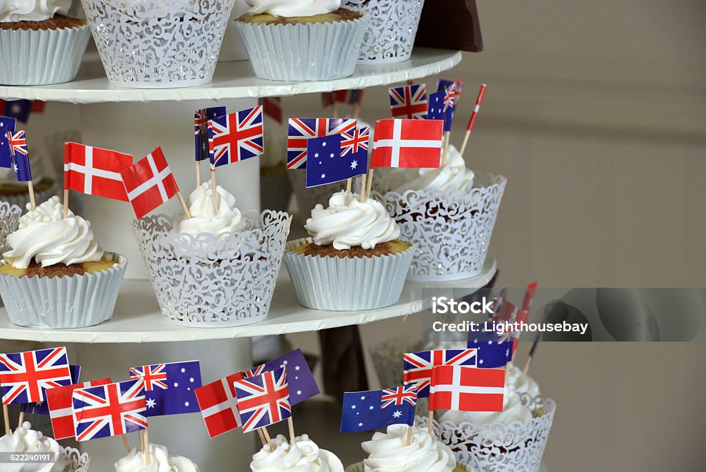 International Wedding cake A wedding cake made up of smaller cakes with Danish, Australian and British flags Australian Culture Stock Photo