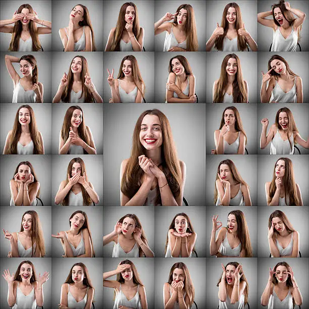 Collage of beautiful woman with different facial expressions on grey background