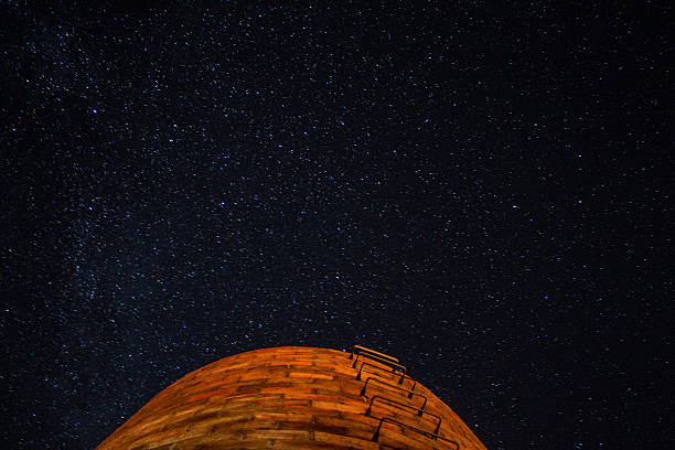 A shot of a barn silo pointing at the night sky