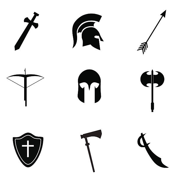 ilustraciones, imágenes clip art, dibujos animados e iconos de stock de icono de arma antigua. - medieval knight helmet suit of armor