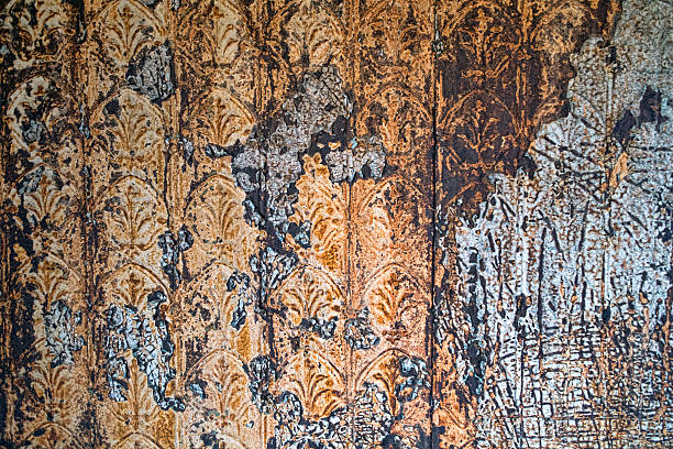 Close up of weathered and water stained antique wallpaper, from circa 1920.  This old wallpaper was found in an abandoned house that had not been lived in for generations.  The wall paper has an interesting pattern and in its current state has a natural grunge effect to it.