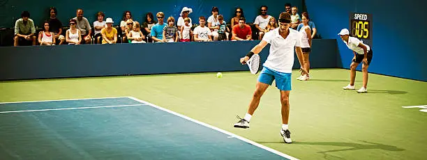 Professional tennis player to hitting backhand on a tennis court, crowd in the background, panoramic shot.