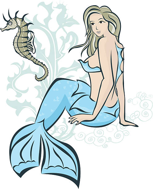 Sitting mermaid and seahorse vector art illustration