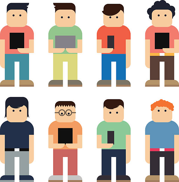 Collection of flat vector male characters using mobile technology vector art illustration