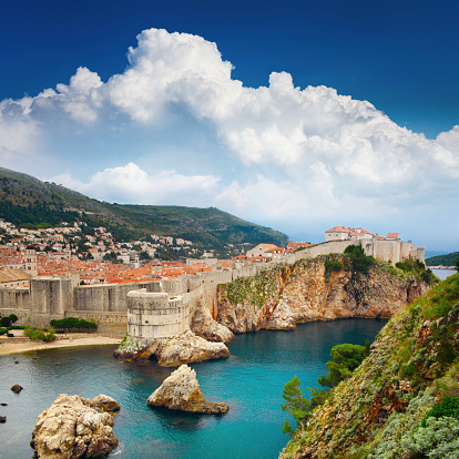 Square landscape with old fortress in Adriatic sea. Dubrovnic, Croatia, Europe. 