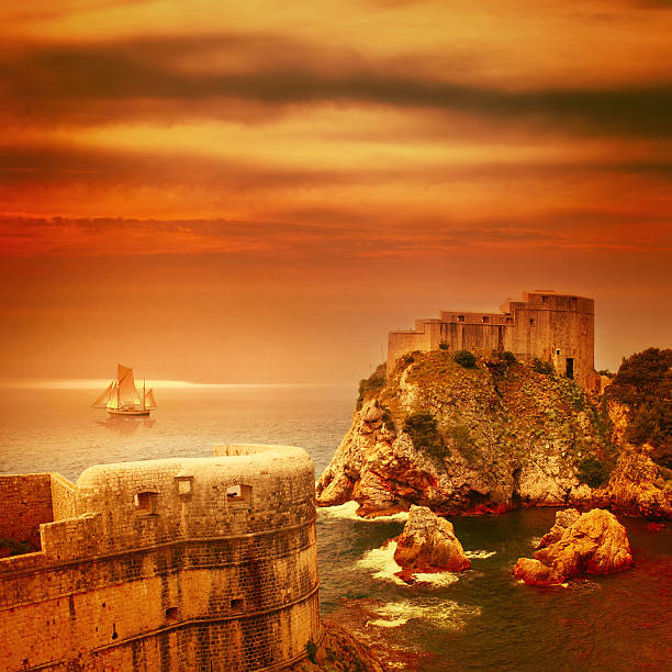 Watercolor picture effect of photo with view of the gun turret on Dubrovnik city walls and sea in Croatia