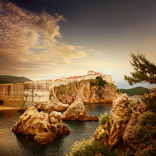 Square landscape with old fortress in Adriatic sea. Dubrovnic, Croatia, Europe. 