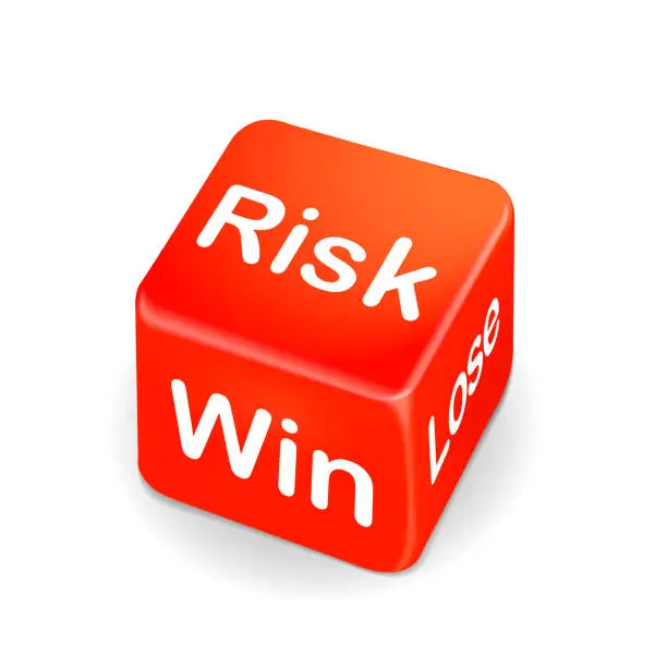 risk, win and lose words on red dice isolated on white background