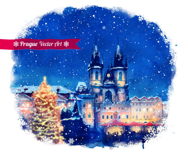 Christmas Prague. Christmas Prague. Vector watercolor illustration. prague art stock illustrations