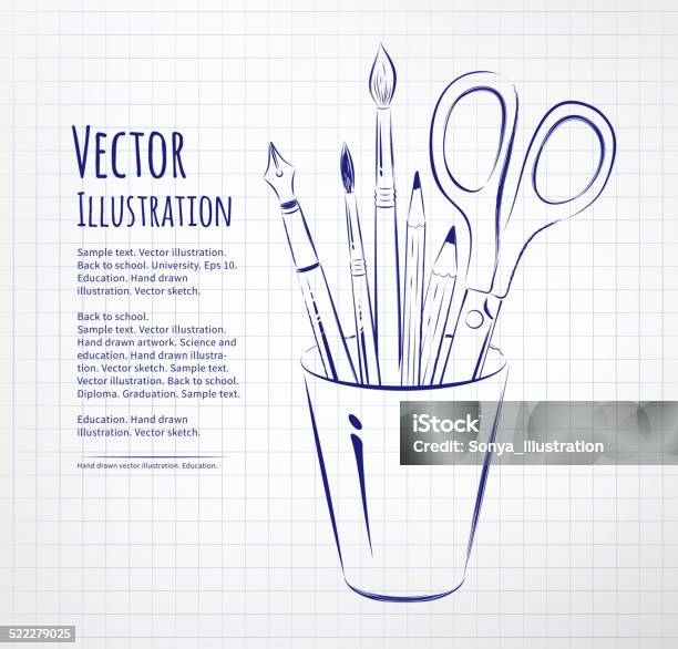 Brushes Pen Pencils And Scissors In Holder Stock Illustration - Download Image Now - Desk Organizer, Paintbrush, Abstract