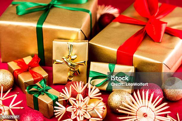 Six Golden Xmas Presents With Bows Stock Photo - Download Image Now - Box - Container, Celebration, Christianity