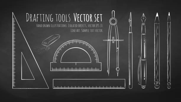 Chalkboard drawing of drafting tools. Chalkboard drawing of drafting tools. Vector set. Isolated. ruler illustrations stock illustrations