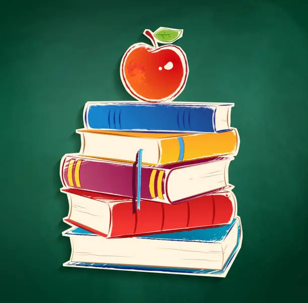 Vector illustration of Sticker with pile of books and apple.