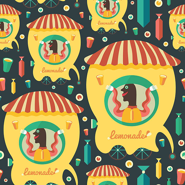 ilustrações de stock, clip art, desenhos animados e ícones de sem costura padrão retro com limonada vendedor. - retro revival lemonade stand old fashioned lemonade