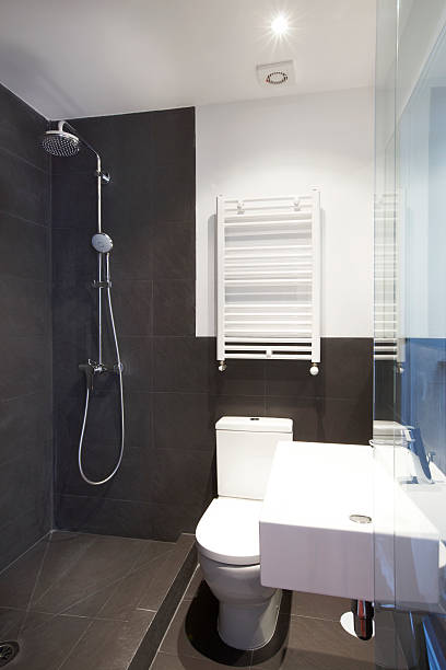 istock Bathroom interior with slate black walls 522280495