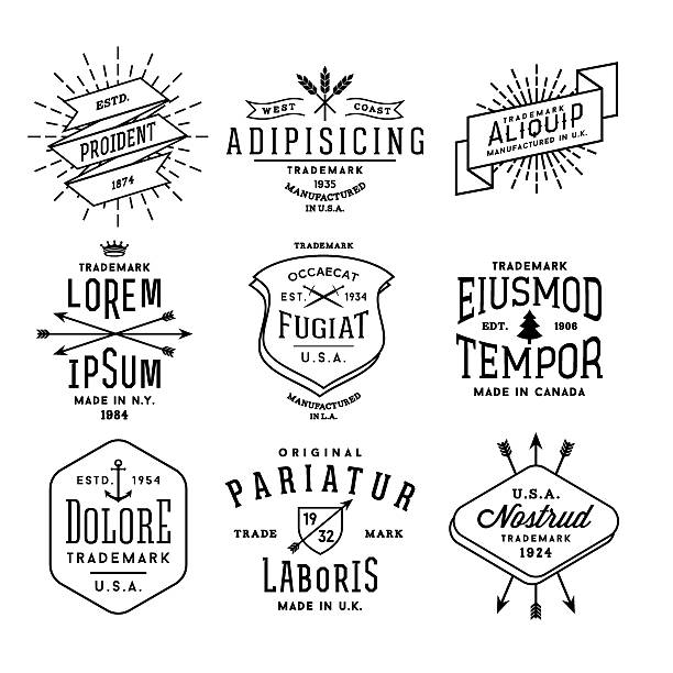 collection vintage labels collection monochrome hipster vintage label, logo, badge for your business or t-shirt print with arrow, crown, sword, anchor, ribbon, fir tree banners tattoos stock illustrations