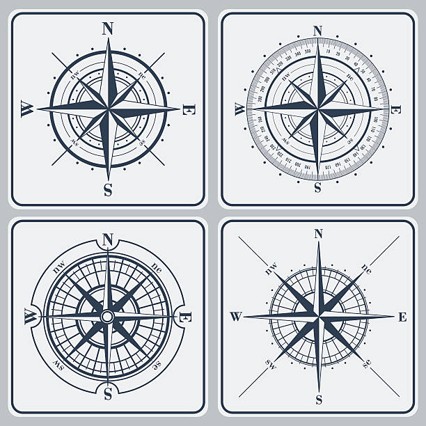 illustrations, cliparts, dessins animés et icônes de ensemble de compass rose (windroses).  illustration vectorielle. - map compass old globe