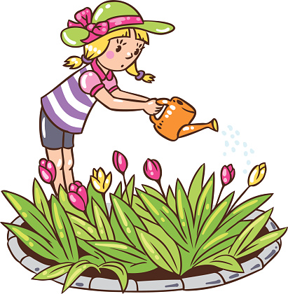 Children vector illustration of girl watering the flowers in the flowerbed