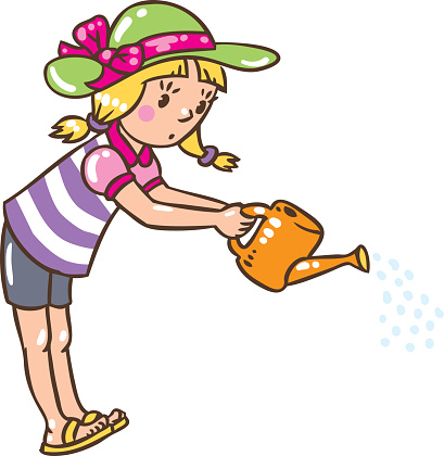 Children vector illustration of girl watering the flowers