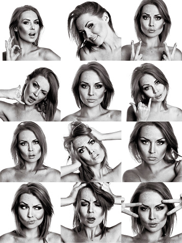 Collage of 12 images with beautiful woman posing over white. Black and white portrait. Isolated.