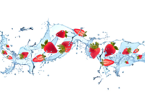 water splash with fruits, fresh strawberry isolated on white background