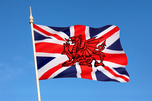 Possible new design incoporating the Welsh Dragon into the flag of United Kingdom of Great Britain and Northern Ireland - Also known as the Union Jack or Union Flag.
