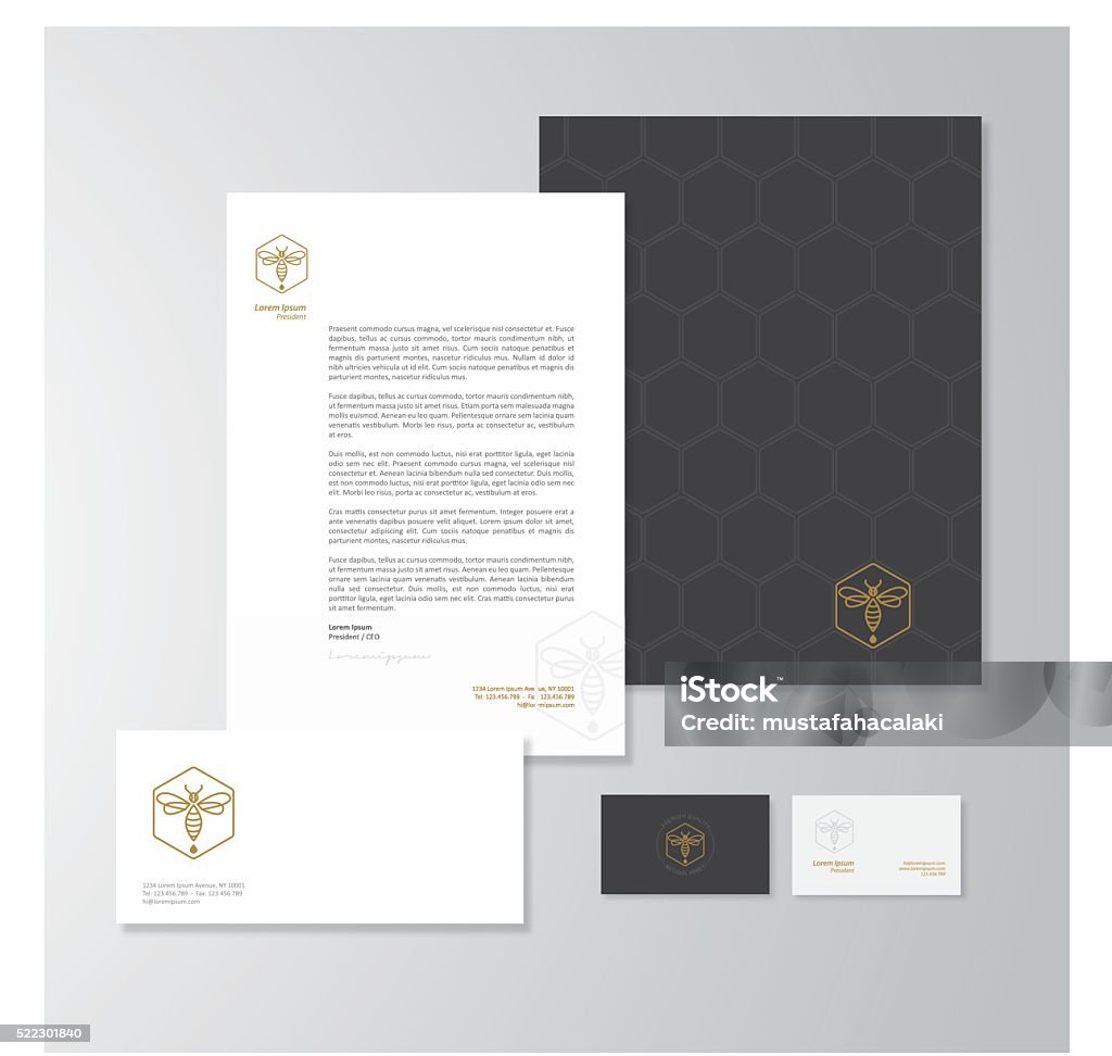 Honey production company stationery design Stationery design for a honey production company. Letterhead, folder, envelope and business card with logo. All design elements are layered and grouped. Eps10, contains transparent objects. Template stock vector