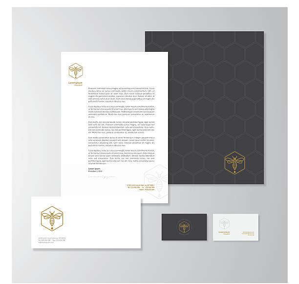 Honey production company stationery design Stationery design for a honey production company. Letterhead, folder, envelope and business card with logo. All design elements are layered and grouped. Eps10, contains transparent objects. simple letterhead design stock illustrations