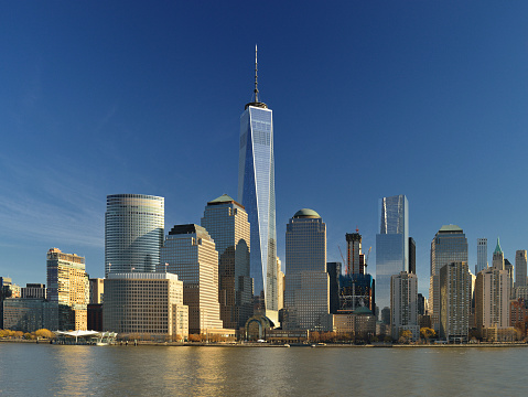 View of the World Financial Center, New York City, from the Hudson River.